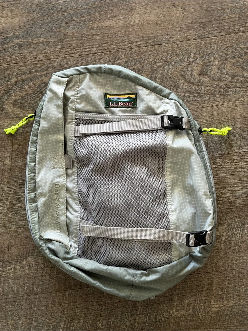 L.L. Bean Stowaway Sling Pack Light Gray with Neon Accents